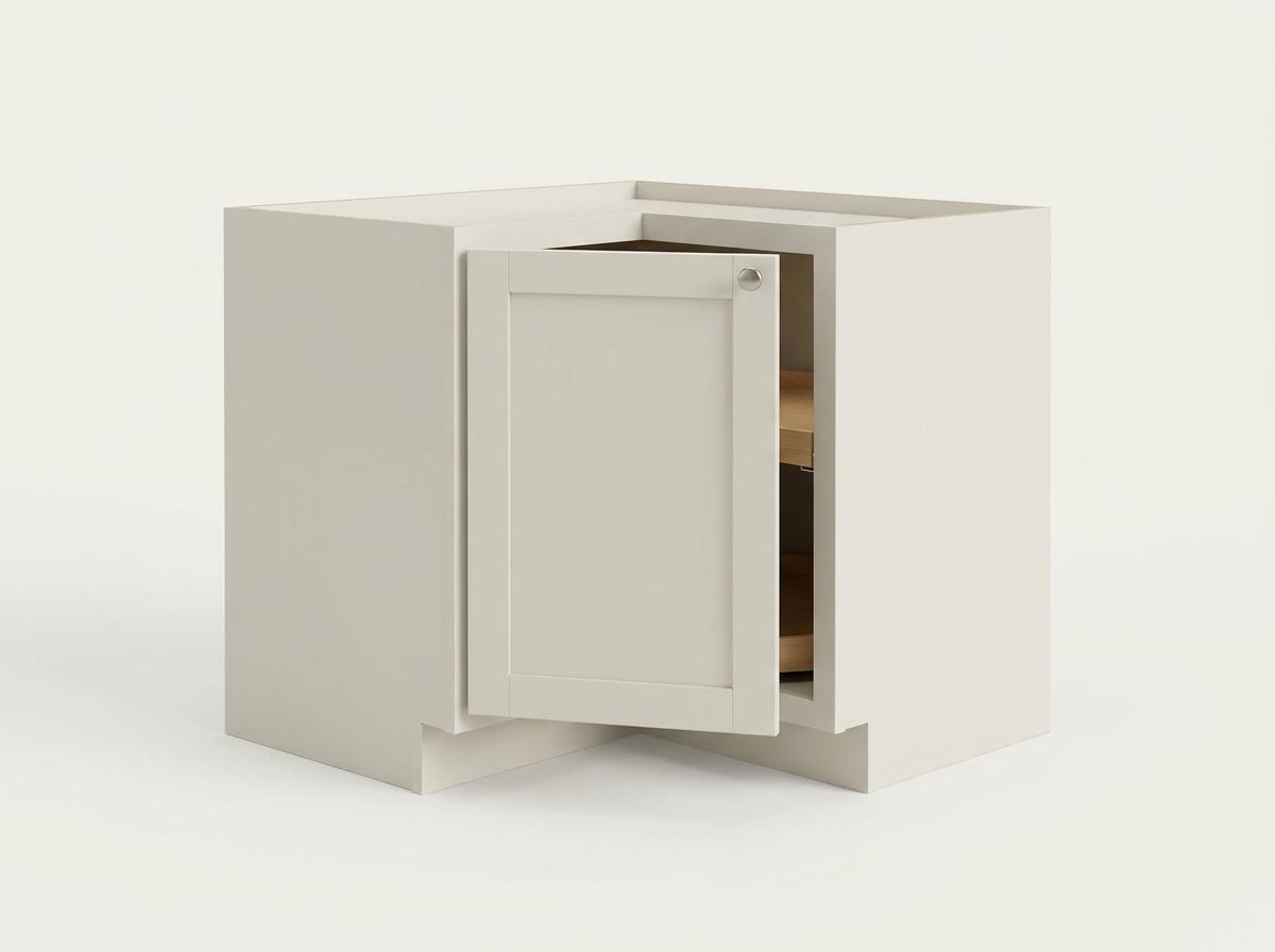 Corner lazy-susan base cabinet — studio view, off-white shaker