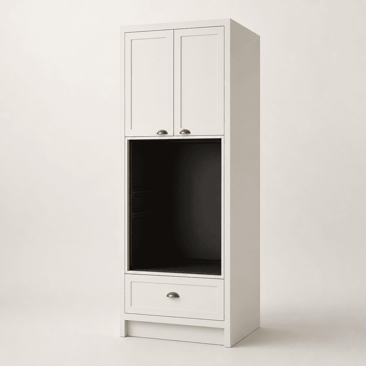 Double-oven housing tall cabinet — studio view, off-white shaker