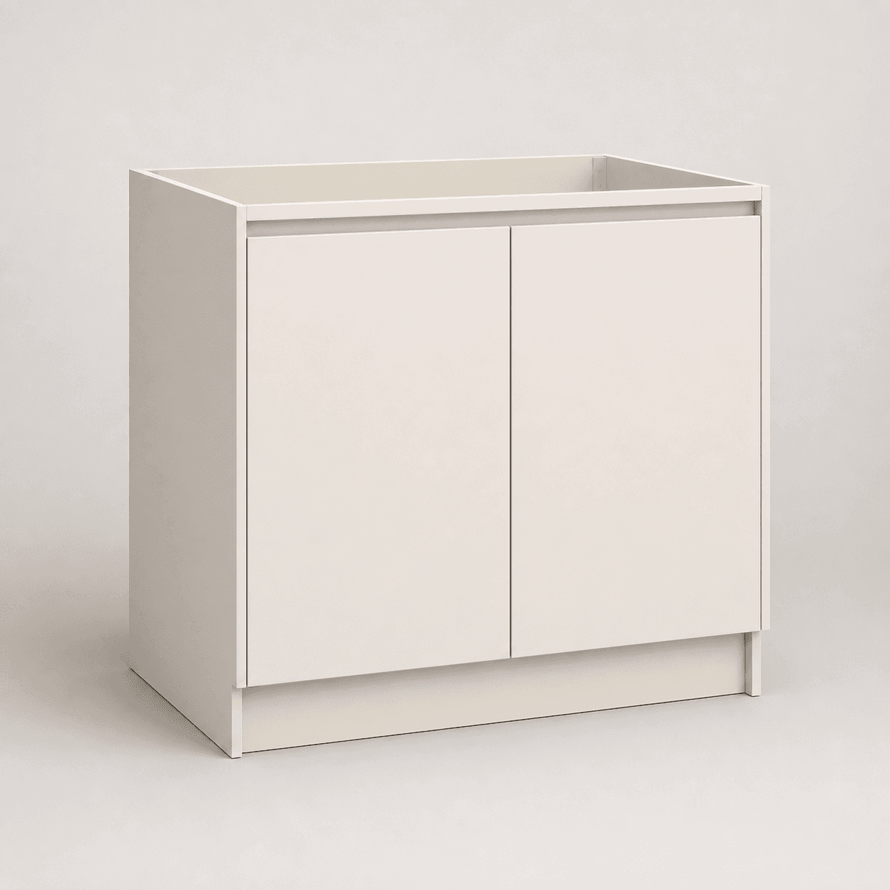 Flat panel base cabinet — studio view, matte light gray slab