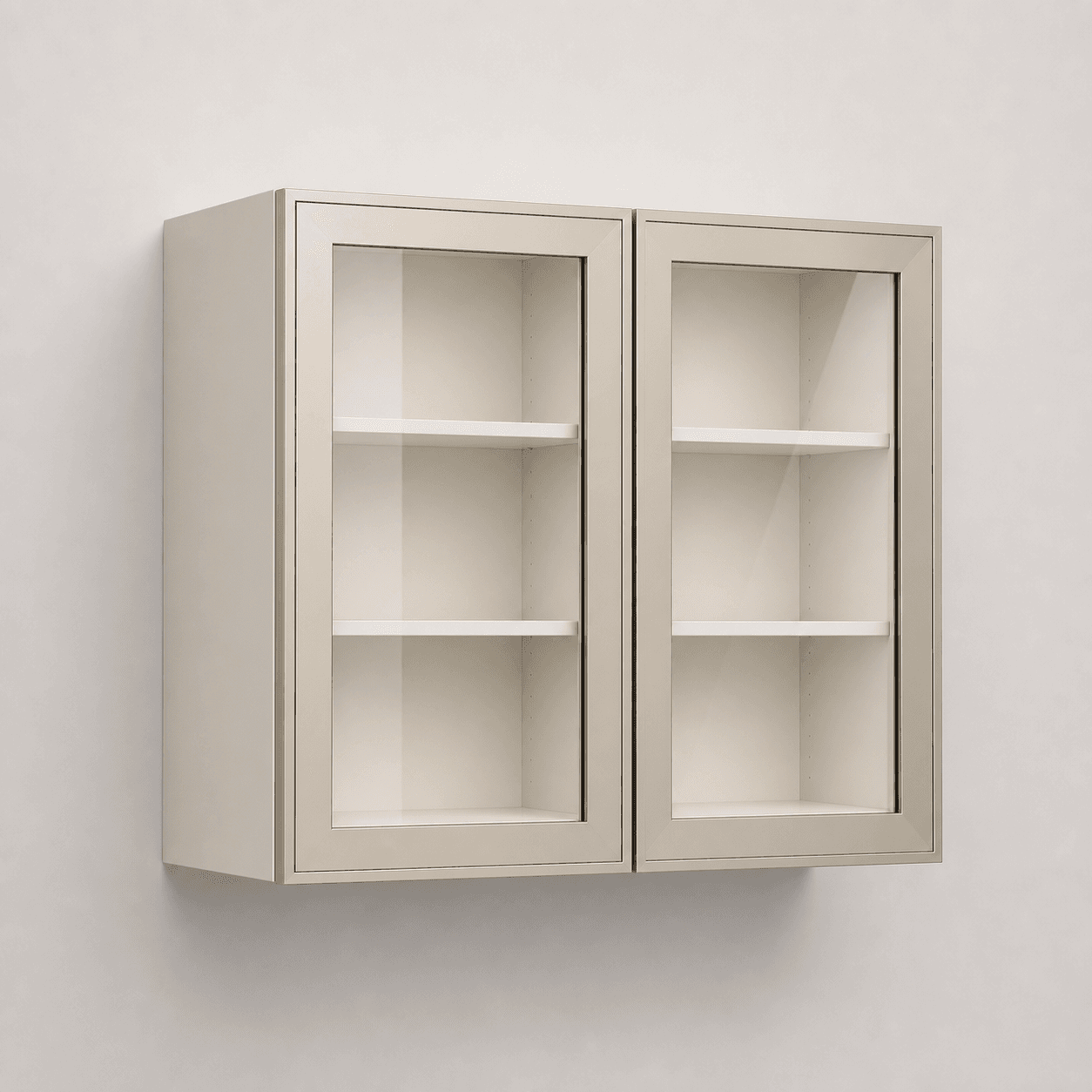 Glass-front wall cabinet — studio view, off-white shaker frame with clear glass panels