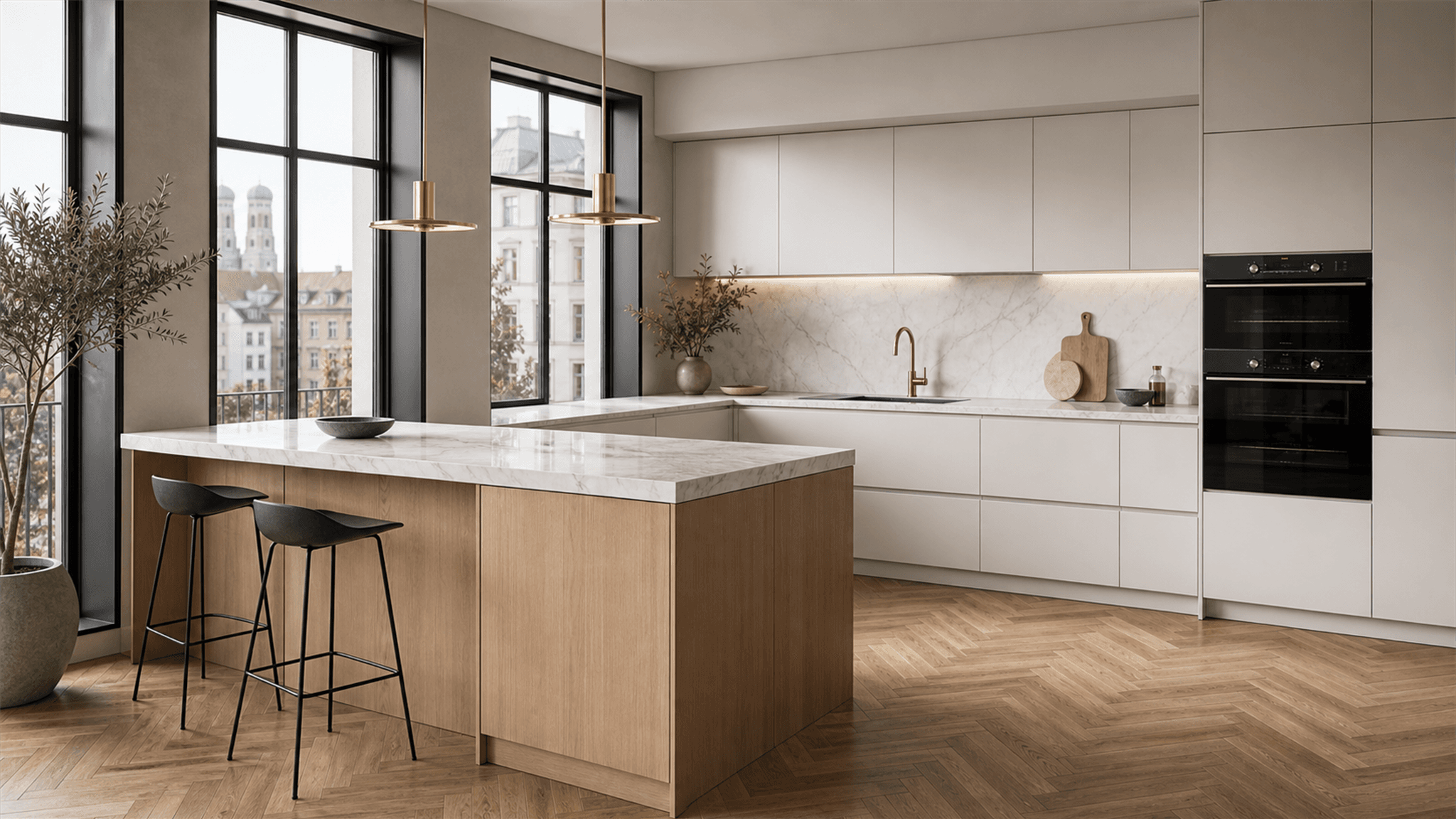 A bright L-shaped American kitchen with white Shaker uppers, warm wood base cabinets, quartz counters, and brass pulls