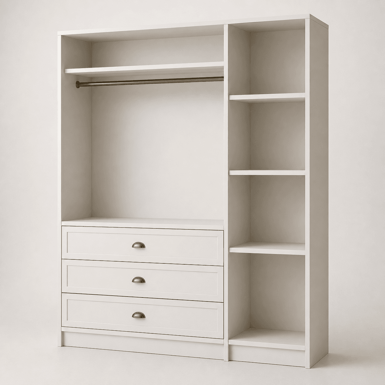Reach-in closet system — studio view, off-white shaker with hanging rod, shelves, and drawer stack