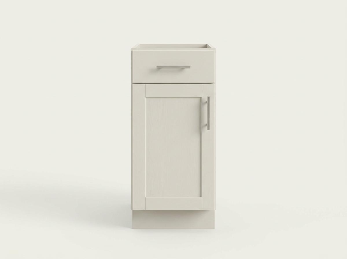 Single-door base cabinet — studio view, off-white shaker