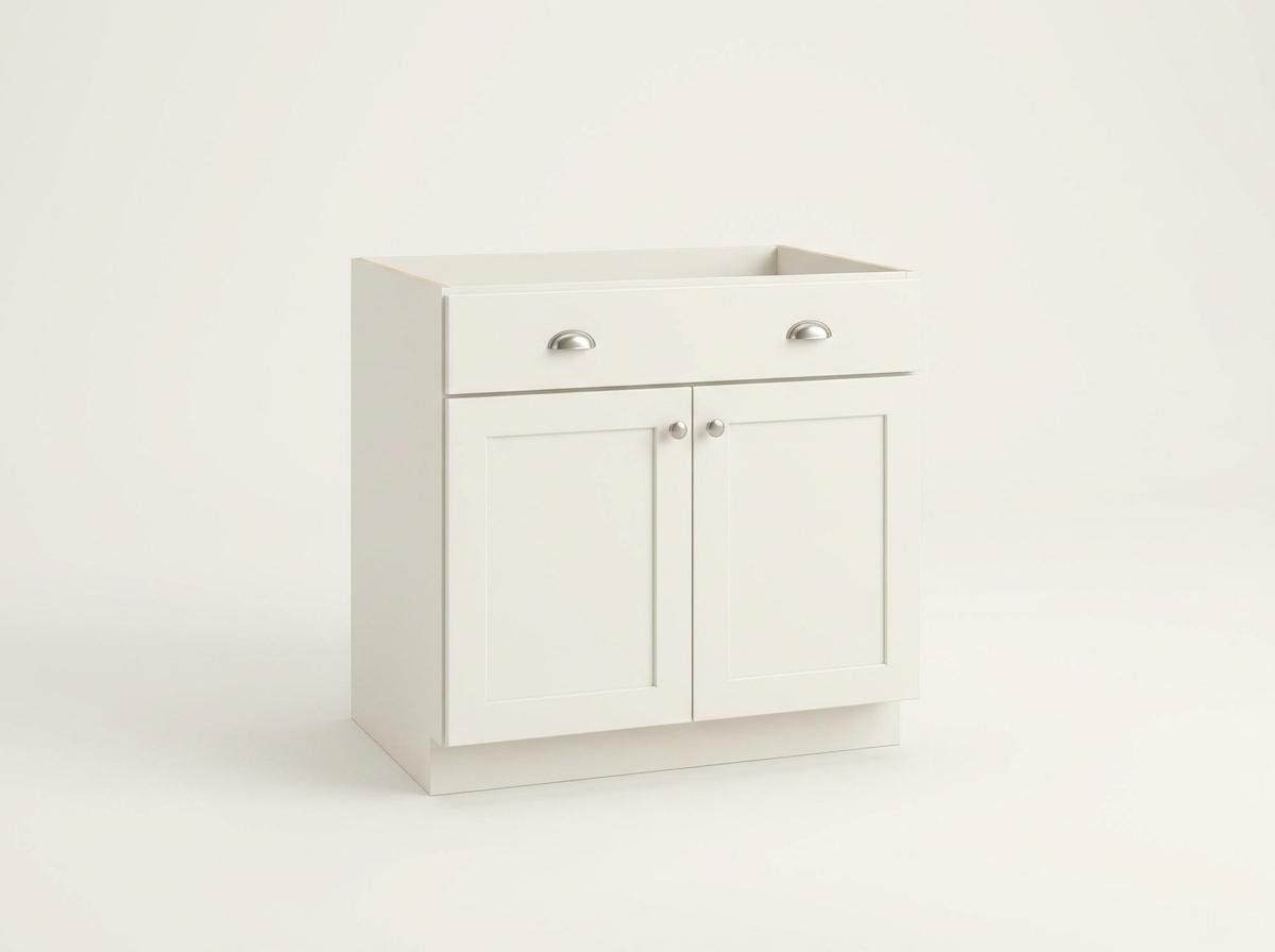 Sink base cabinet with tilt-out tray — studio view, off-white shaker