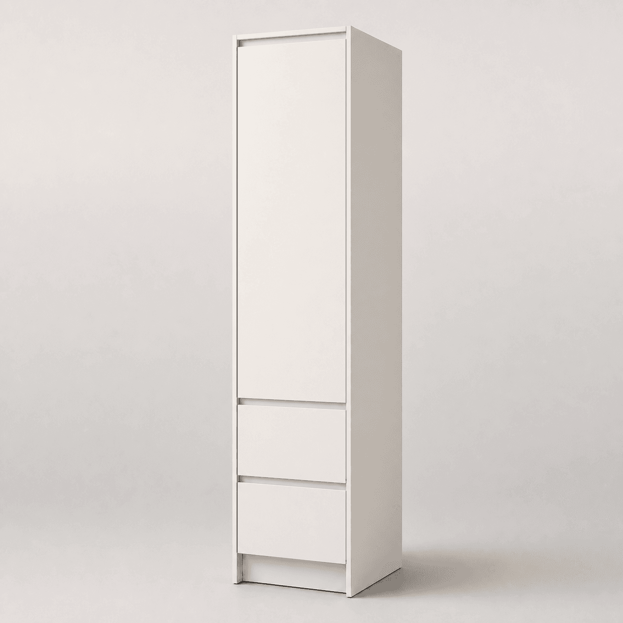Utility/broom tall cabinet — studio view, off-white shaker