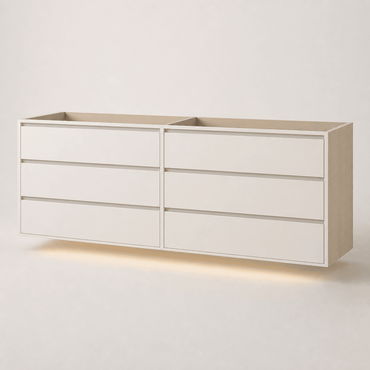 60 inch primary-suite double-sink vanity — studio view, off-white flat panel