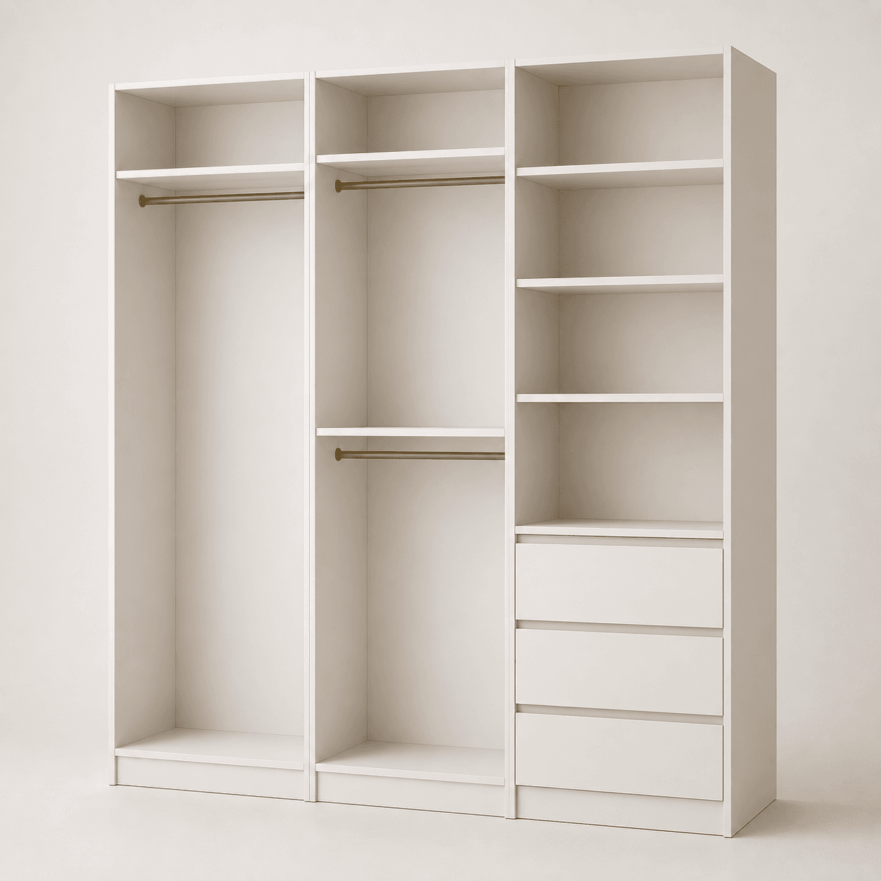Walk-in closet system — studio view, off-white L-shape with hanging rods, drawers, and shoe tower