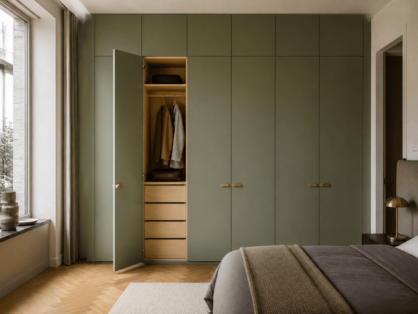 Reach-in closet styled with sage-painted shaker doors, brass cup pulls, and double-hang rods