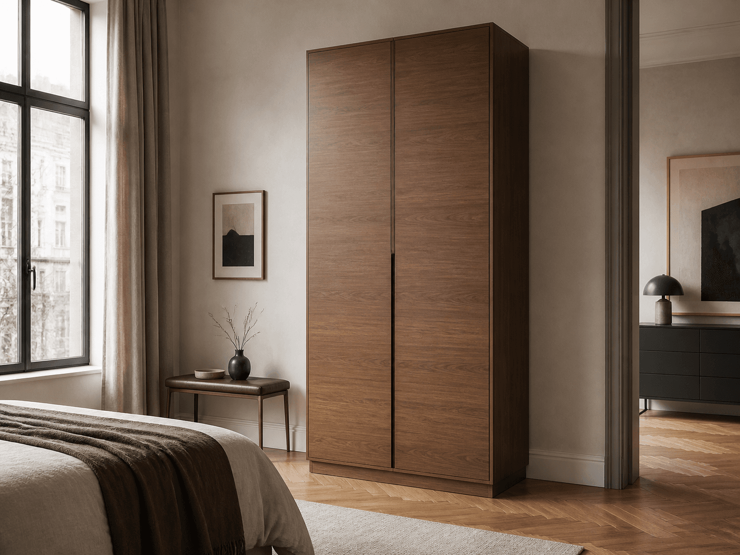Wardrobe tower styled with espresso-walnut finish, one door open showing hanging rod and shelves