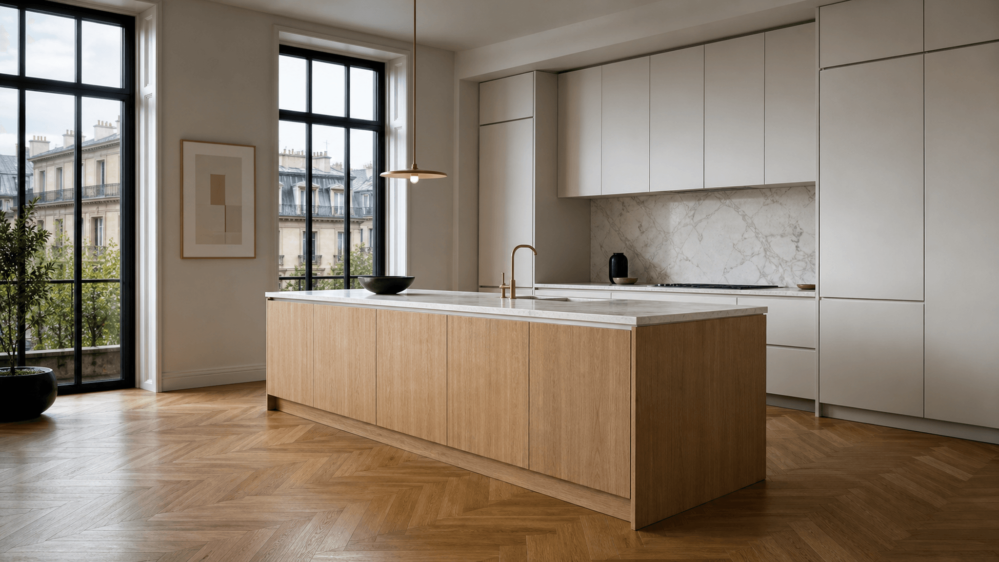 Luxury shaker kitchen with marble island, brass pendants, and hardwood floor